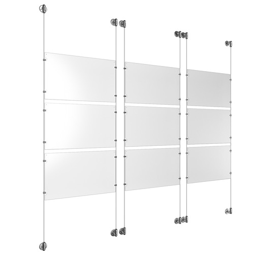(9) 17'' Width x 11'' Height Clear Acrylic Frame & (6) Stainless Steel Satin Brushed Adjustable Angle Cable Systems with (36) Single-Sided Panel Grippers