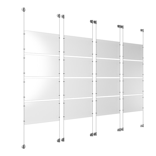 (16) 17'' Width x 11'' Height Clear Acrylic Frame & (8) Stainless Steel Satin Brushed Adjustable Angle Cable Systems with (64) Single-Sided Panel Grippers
