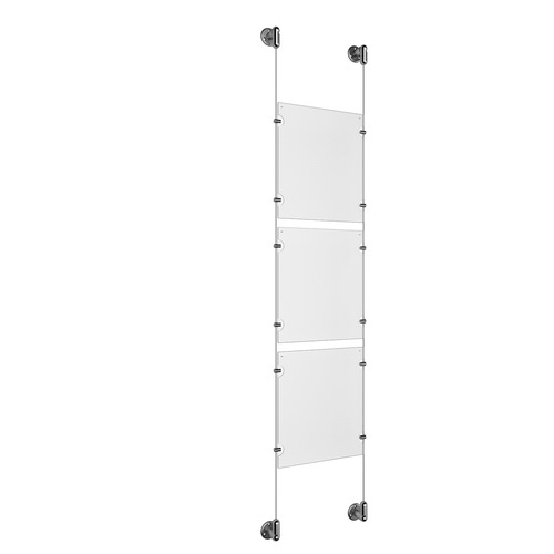 (3) 8-1/2'' Width x 11'' Height Clear Acrylic Frame & (2) Stainless Steel Satin Brushed Adjustable Angle Cable Systems with (12) Single-Sided Panel Grippers