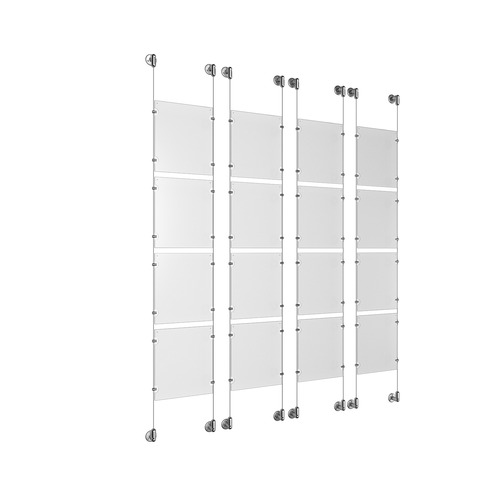 (16) 8-1/2'' Width x 11'' Height Clear Acrylic Frame & (8) Stainless Steel Satin Brushed Adjustable Angle Cable Systems with (64) Single-Sided Panel Grippers