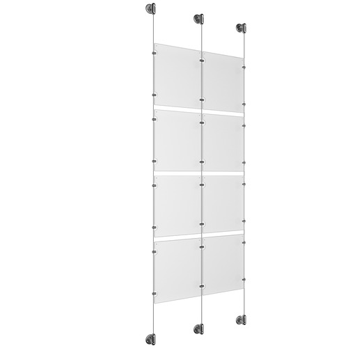 (8) 8-1/2'' Width x 11'' Height Clear Acrylic Frame & (3) Stainless Steel Satin Brushed Adjustable Angle Cable Systems with (16) Single-Sided Panel Grippers (8) Double-Sided Panel Grippers