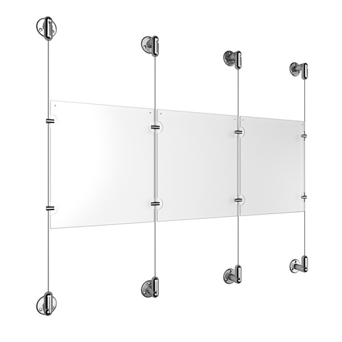 (3) 8-1/2'' Width x 11'' Height Clear Acrylic Frame & (4) Stainless Steel Satin Brushed Adjustable Angle Cable Systems with (4) Single-Sided Panel Grippers (4) Double-Sided Panel Grippers