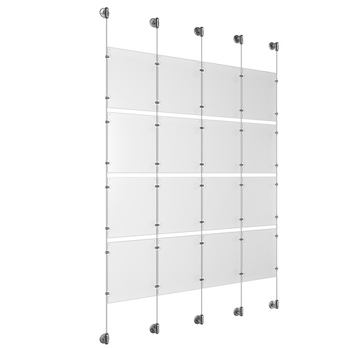 (16) 8-1/2'' Width x 11'' Height Clear Acrylic Frame & (5) Stainless Steel Satin Brushed Adjustable Angle Cable Systems with (16) Single-Sided Panel Grippers (24) Double-Sided Panel Grippers