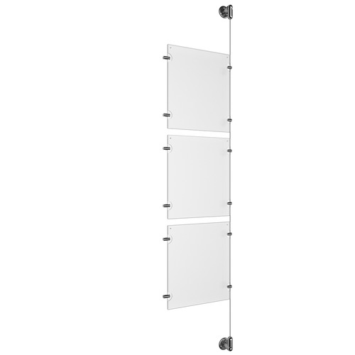 (3) 8-1/2'' Width x 11'' Height Clear Acrylic Frame & (1) Stainless Steel Satin Brushed Adjustable Angle Cable Systems with (6) Single-Sided Panel Grippers (6) Double-Sided Panel Grippers