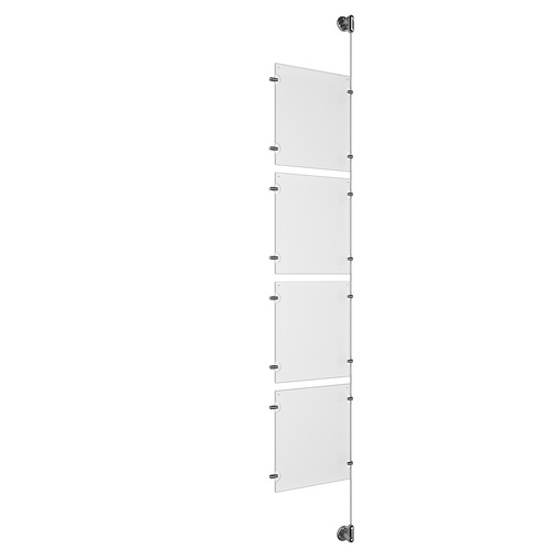 (4) 8-1/2'' Width x 11'' Height Clear Acrylic Frame & (1) Stainless Steel Satin Brushed Adjustable Angle Cable Systems with (8) Single-Sided Panel Grippers (8) Double-Sided Panel Grippers