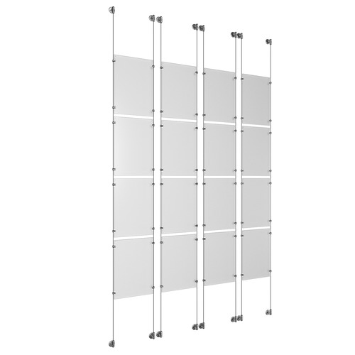 (16) 11'' Width x 17'' Height Clear Acrylic Frame & (8) Aluminum Clear Anodized Adjustable Angle Cable Systems with (64) Single-Sided Panel Grippers