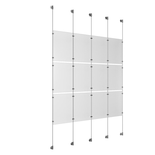 (12) 11'' Width x 17'' Height Clear Acrylic Frame & (5) Aluminum Clear Anodized Adjustable Angle Cable Systems with (12) Single-Sided Panel Grippers (18) Double-Sided Panel Grippers