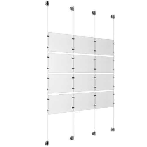 (12) 11'' Width x 8-1/2'' Height Clear Acrylic Frame & (4) Aluminum Clear Anodized Adjustable Angle Cable Systems with (16) Single-Sided Panel Grippers (16) Double-Sided Panel Grippers