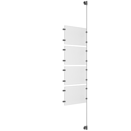 (4) 11'' Width x 8-1/2'' Height Clear Acrylic Frame & (1) Aluminum Clear Anodized Adjustable Angle Cable Systems with (8) Single-Sided Panel Grippers (8) Double-Sided Panel Grippers