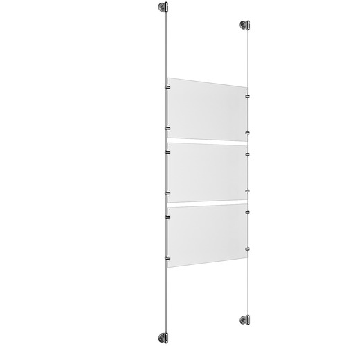 (3) 17'' Width x 11'' Height Clear Acrylic Frame & (2) Aluminum Clear Anodized Adjustable Angle Cable Systems with (12) Single-Sided Panel Grippers