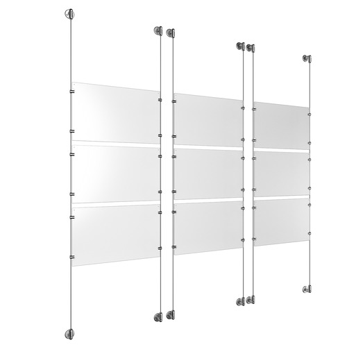 (9) 17'' Width x 11'' Height Clear Acrylic Frame & (6) Aluminum Clear Anodized Adjustable Angle Cable Systems with (36) Single-Sided Panel Grippers