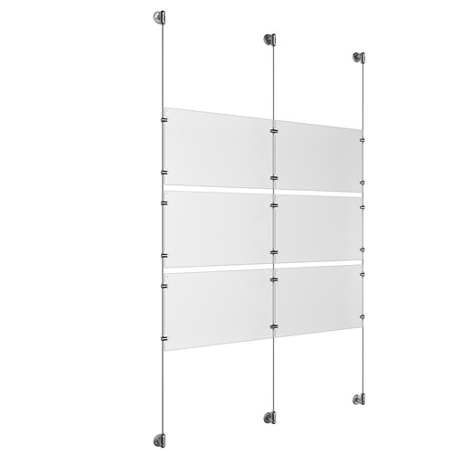 (6) 17'' Width x 11'' Height Clear Acrylic Frame & (3) Aluminum Clear Anodized Adjustable Angle Cable Systems with (12) Single-Sided Panel Grippers (6) Double-Sided Panel Grippers