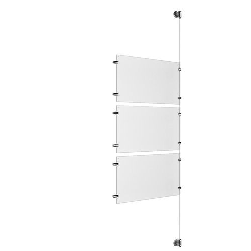 (3) 17'' Width x 11'' Height Clear Acrylic Frame & (1) Aluminum Clear Anodized Adjustable Angle Cable Systems with (6) Single-Sided Panel Grippers (6) Double-Sided Panel Grippers