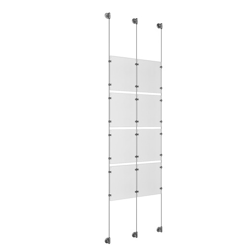 (8) 8-1/2'' Width x 11'' Height Clear Acrylic Frame & (3) Aluminum Clear Anodized Adjustable Angle Cable Systems with (16) Single-Sided Panel Grippers (8) Double-Sided Panel Grippers