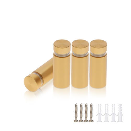 (Set of 4) 1/2'' Diameter X 1'' Barrel Length, Alumi. Flat Head, Matte Champagne Anodized Finish Standoff with (4) 2208Z Screw and (4) LANC1 Anchor for concrete or drywall (For In / Out use) Secure Standoff [Required Material Hole Size: 3/8'']