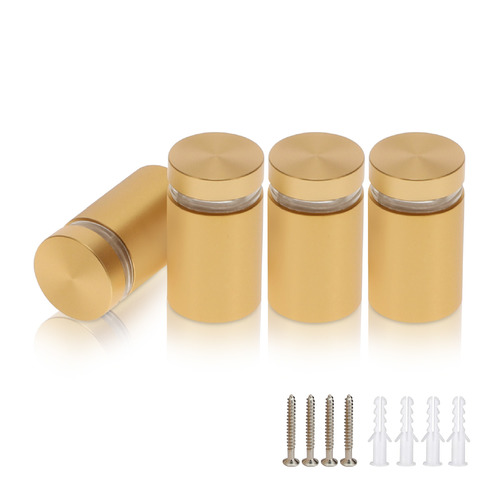 (Set of 4) 3/4'' Diameter X 1'' Barrel Length, Alumi. Flat Head, Matte Champagne Anodized Finish Standoff with (4) 2216Z Screws and (4) LANC1 Anchors for concrete or drywall (For In / Out use) Secure Standoff [Required Material Hole Size: 7/16'']