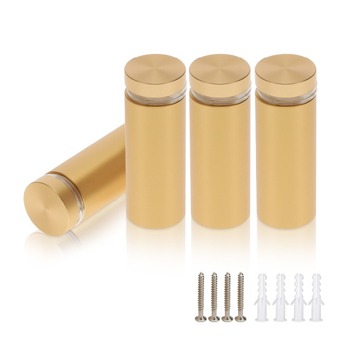 (Set of 4) 3/4'' Diameter X 1-3/4'' Barrel Length, Alumi. Flat Head, Matte Champagne Anodized Finish Standoff with (4) 2216Z Screws and (4) LANC1 Anchors for concrete or drywall (For In / Out use) Secure Standoff [Required Material Hole Size: 7/16'']