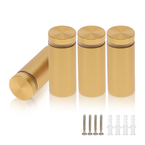 (Set of 4) 7/8'' Diameter X 1-3/4'' Barrel Length, Alumi. Flat Head, Matte Champagne Anodized Finish Standoff with (4) 2216Z Screws and (4) LANC1 Anchors for concrete or drywall (For In / Out use) Secure Standoff [Required Material Hole Size: 7/16'']