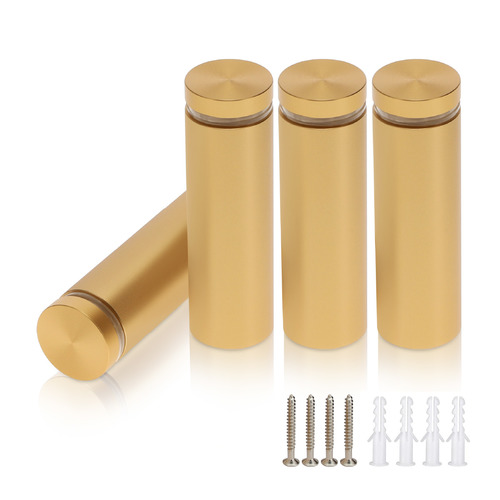 (Set of 4) 7/8'' Diameter X 2-1/2'' Barrel Length, Alumi. Flat Head, Matte Champagne Anodized Finish Standoff with (4) 2216Z Screws and (4) LANC1 Anchors for concrete or drywall (For In / Out use) Secure Standoff [Required Material Hole Size: 7/16'']