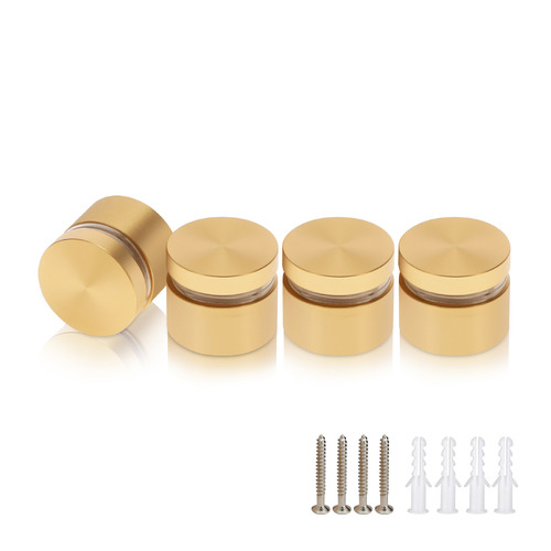 (Set of 4) 1'' Diameter X 1/2'' Barrel Length, Alumi. Flat Head, Matte Champagne Anodized Finish Standoff with (4) 2216Z Screws and (4) LANC1 Anchors for concrete or drywall (For In / Out use) Secure Standoff [Required Material Hole Size: 7/16'']