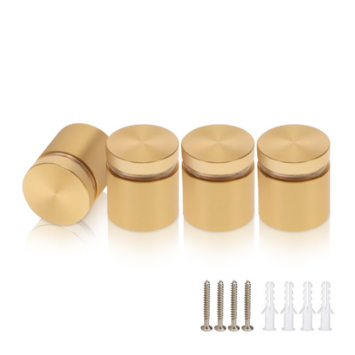 (Set of 4) 1'' Diameter X 3/4'' Barrel Length, Alumi. Flat Head, Matte Champagne Anodized Finish Standoff with (4) 2216Z Screws and (4) LANC1 Anchors for concrete or drywall (For In / Out use) Secure Standoff [Required Material Hole Size: 7/16'']