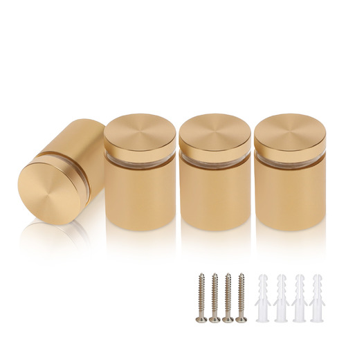 (Set of 4) 1'' Diameter X 1'' Barrel Length, Alumi. Flat Head, Matte Champagne Anodized Finish Standoff with (4) 2216Z Screws and (4) LANC1 Anchors for concrete or drywall (For In / Out use) Secure Standoff [Required Material Hole Size: 7/16'']