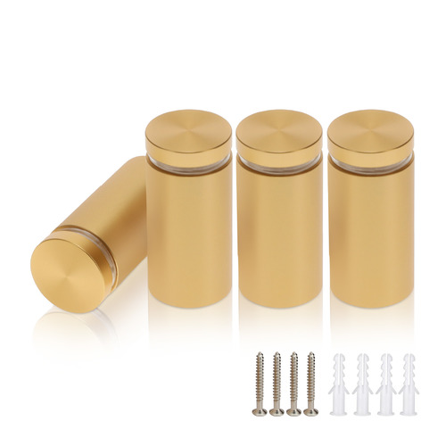 (Set of 4) 1'' Diameter X 1-3/4'' Barrel Length, Alumi. Flat Head, Matte Champagne Anodized Finish Standoff with (4) 2216Z Screws and (4) LANC1 Anchors for concrete or drywall (For In / Out use) Secure Standoff [Required Material Hole Size: 7/16'']