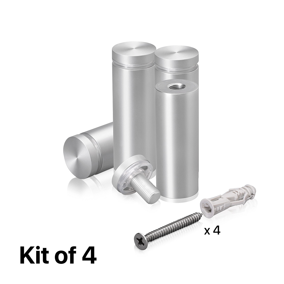 (Set of 4) 1'' Diameter X 2-1/2'' Barrel Length, Aluminum Flat Head, Clear Anodized Finish Standoff with (4) 2216Z Screws and (4) LANC1 Anchors for concrete or drywall (For Inside / Outside use) Secure Standoff [Required Material Hole Size: 7/16'']