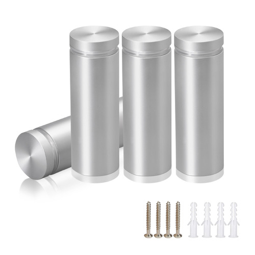 (Set of 4) 1'' Diameter X 2-1/2'' Barrel Length, Aluminum Flat Head, Clear Anodized Finish Standoff with (4) 2216Z Screws and (4) LANC1 Anchors for concrete or drywall (For Inside / Outside use) Secure Standoff [Required Material Hole Size: 7/16'']