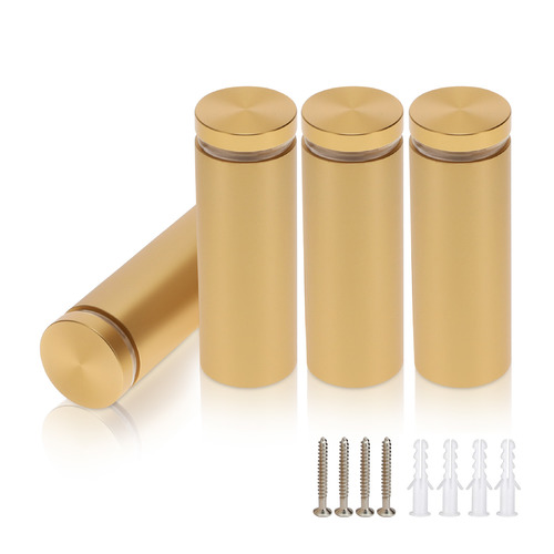 (Set of 4) 1'' Diameter X 2-1/2'' Barrel Length, Alumi. Flat Head, Matte Champagne Anodized Finish Standoff with (4) 2216Z Screws and (4) LANC1 Anchors for concrete or drywall (For In / Out use) Secure Standoff [Required Material Hole Size: 7/16'']