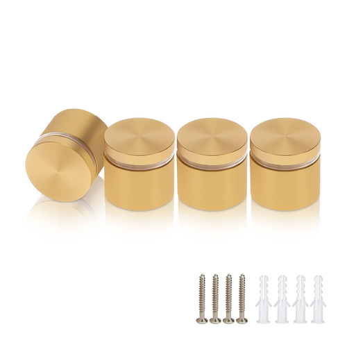(Set of 4) 1-1/4'' Diameter X 3/4'' Barrel Length, Alumi. Flat Head, Matte Champagne Anodized Finish Standoff with (4) 2216Z Screws and (4) LANC1 Anchors for concrete or drywall (For In / Out use) Secure Standoff [Required Material Hole Size: 7/16'']