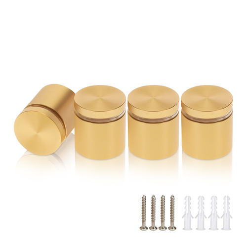 (Set of 4) 1-1/4'' Diameter X 1'' Barrel Length, Alumi. Flat Head, Matte Champagne Anodized Finish Standoff with (4) 2216Z Screws and (4) LANC1 Anchors for concrete or drywall (For In / Out use) Secure Standoff [Required Material Hole Size: 7/16'']