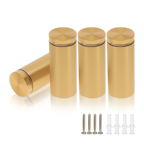 (Set of 4) 1-1/4'' Diameter X 2-1/2'' Barrel Length, Alumi. Flat Head, Matte Champagne Anodized Finish Standoff with (4) 2216Z Screws and (4) LANC1 Anchors for concrete or drywall (For In / Out use) Secure Standoff [Required Material Hole Size: 7/16'']