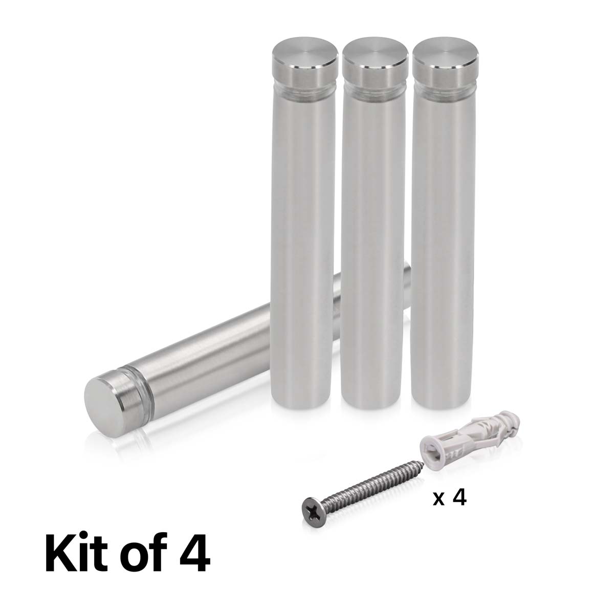 (Set of 4) 1/2'' Diameter X 2-1/2'' Barrel Length, Hollow Stainless Steel Brushed Finish. Easy Fasten Standoff with (4) 2208Z Screws and (4) LANC1 Anchors for concrete or drywall (For Inside Use Only) [Required Material Hole Size: 3/8'']
