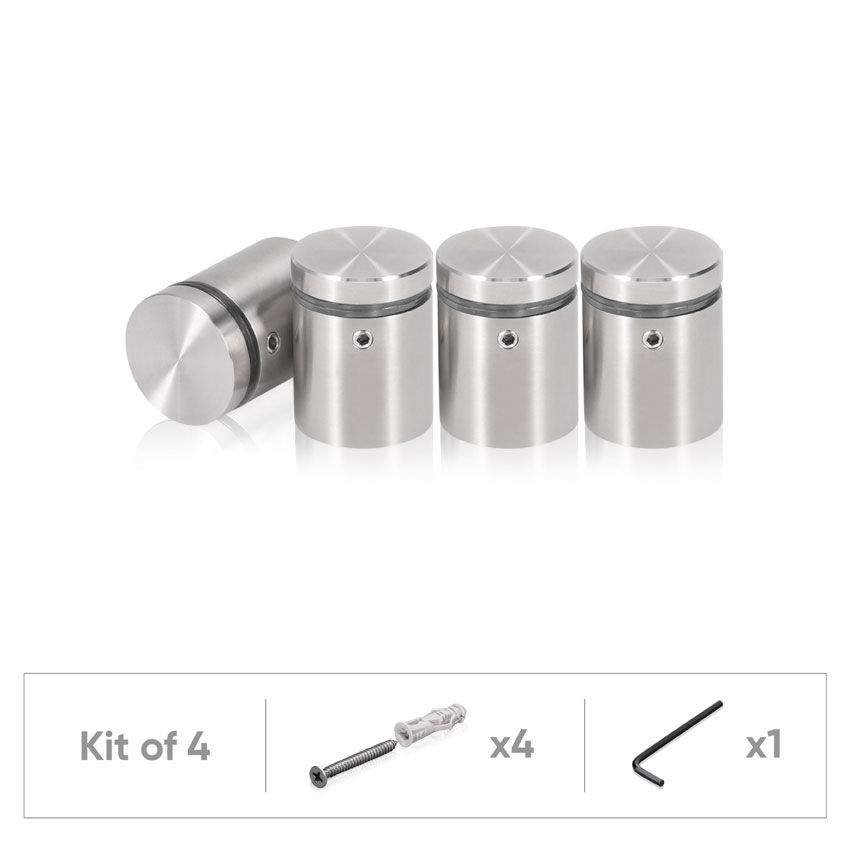 (Set of 4) 1'' Diameter X 1'' Barrel Length, (304) Stainless Steel Brushed Finish. Standoff with (4) 2216Z Screws and (4) LANC1 Anchors for concrete or drywall (For Inside / Outside use) Secure Standoff [Required Material Hole Size: 7/16'']