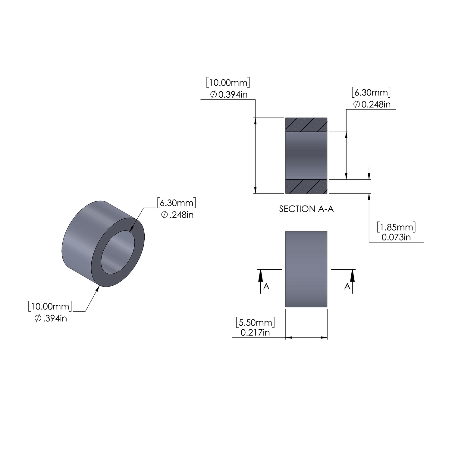Steel Spacer 10mm OD x 6.3mm ID x 5.5mm Long, Brushed Finish