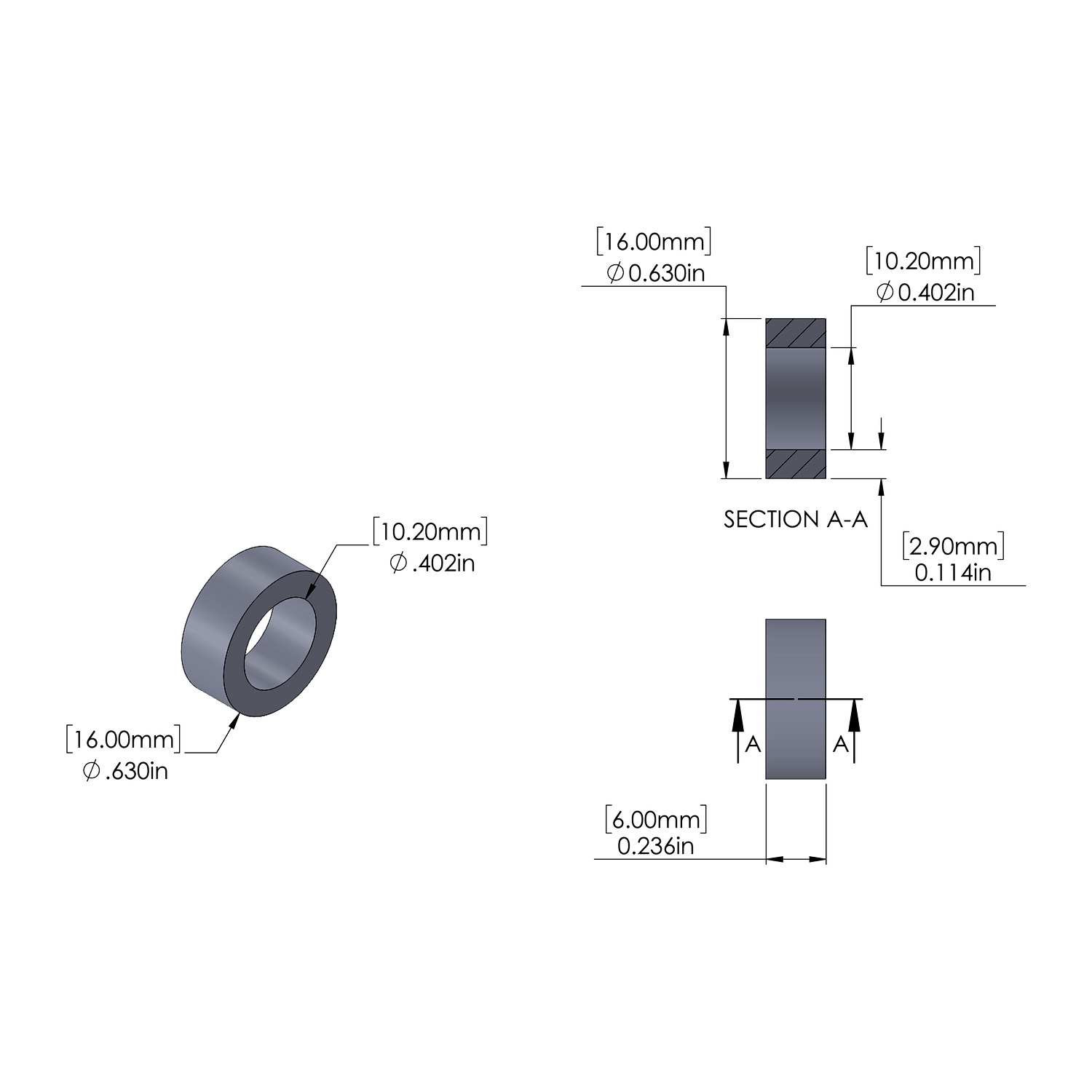 Steel Spacer 16mm OD x 10.2mm ID x 6mm Long