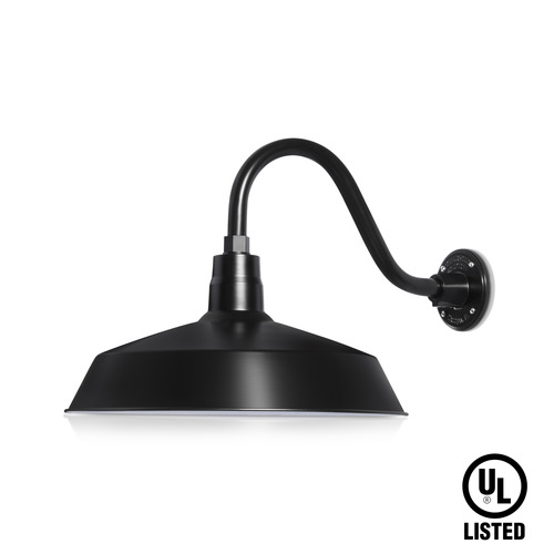 (1) 17'' Diameter Satin Black Warehouse / Barn Shade with (1) 14-1/2'' Long x 8'' High Satin Black Gooseneck Arm