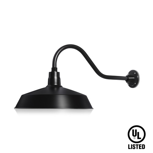 (1) 17'' Diameter Satin Black Warehouse / Barn Shade with (1) 22'' Long x 7-1/2'' High Satin Black Gooseneck Arm
