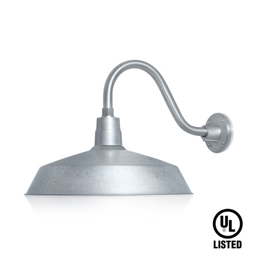 (1) 17'' Diameter Galvanized Warehouse / Barn Shade with (1) 14-1/2'' Long x 8'' High Galvanized Gooseneck Arm