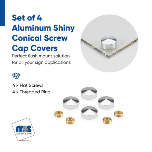 Set of 4 Conical Screw Cover, Diameter: 11/16'' (Less 3/4''), Aluminum Clear Shiny Anodized Finish (Indoor or Outdoor Use)