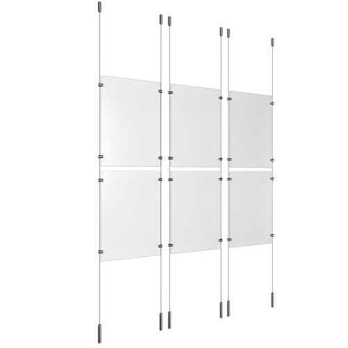 (6) 11'' Width x 17'' Height Clear Acrylic Frame & (6) Ceiling-to-Floor Stainless Steel Satin Brushed Cable Systems with (24) Single-Sided Panel Grippers