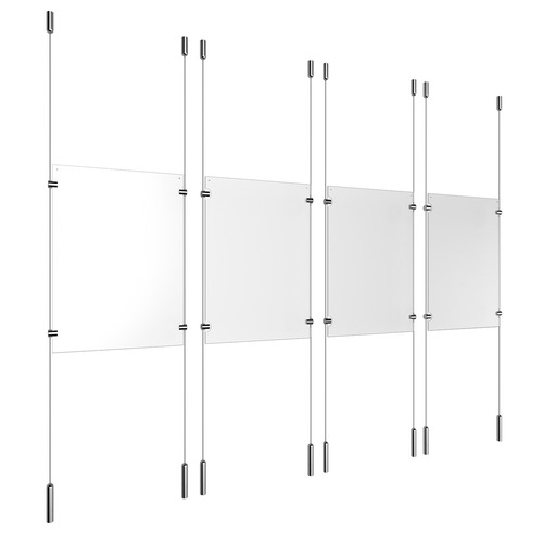 (4) 11'' Width x 17'' Height Clear Acrylic Frame & (8) Ceiling-to-Floor Stainless Steel Satin Brushed Cable Systems with (16) Single-Sided Panel Grippers