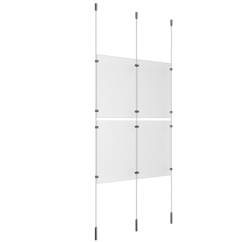 (4) 11'' Width x 17'' Height Clear Acrylic Frame & (3) Ceiling-to-Floor Stainless Steel Satin Brushed Cable Systems with (8) Single-Sided Panel Grippers (4) Double-Sided Panel Grippers