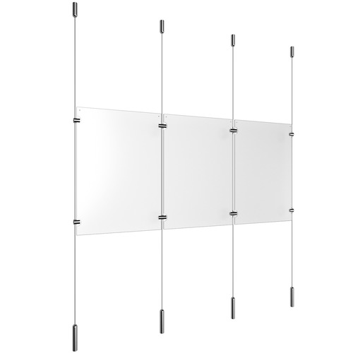 (3) 11'' Width x 17'' Height Clear Acrylic Frame & (4) Ceiling-to-Floor Stainless Steel Satin Brushed Cable Systems with (4) Single-Sided Panel Grippers (4) Double-Sided Panel Grippers