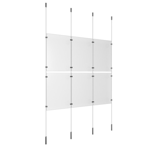 (6) 11'' Width x 17'' Height Clear Acrylic Frame & (4) Ceiling-to-Floor Stainless Steel Satin Brushed Cable Systems with (8) Single-Sided Panel Grippers (8) Double-Sided Panel Grippers