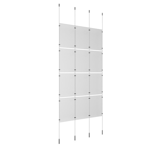 (12) 11'' Width x 17'' Height Clear Acrylic Frame & (4) Ceiling-to-Floor Stainless Steel Satin Brushed Cable Systems with (16) Single-Sided Panel Grippers (16) Double-Sided Panel Grippers