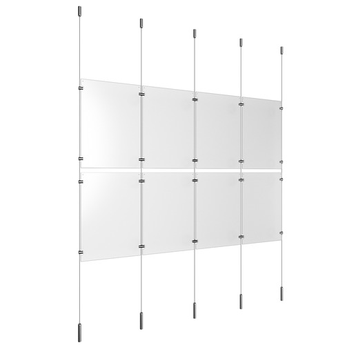 (8) 11'' Width x 17'' Height Clear Acrylic Frame & (5) Ceiling-to-Floor Stainless Steel Satin Brushed Cable Systems with (8) Single-Sided Panel Grippers (12) Double-Sided Panel Grippers