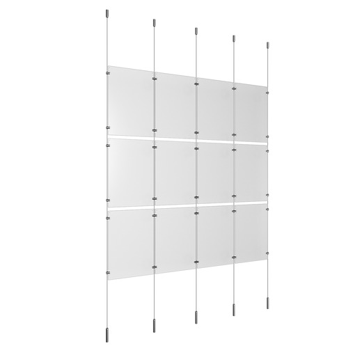 (12) 11'' Width x 17'' Height Clear Acrylic Frame & (5) Ceiling-to-Floor Stainless Steel Satin Brushed Cable Systems with (12) Single-Sided Panel Grippers (18) Double-Sided Panel Grippers
