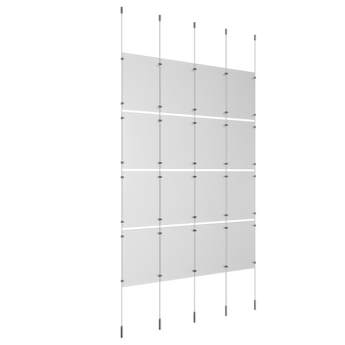 (16) 11'' Width x 17'' Height Clear Acrylic Frame & (5) Ceiling-to-Floor Stainless Steel Satin Brushed Cable Systems with (16) Single-Sided Panel Grippers (24) Double-Sided Panel Grippers